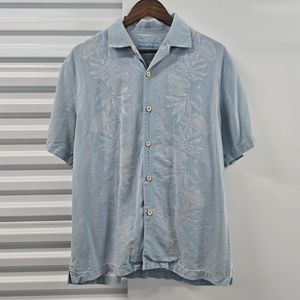 Tommy Bahama Mens M Silk Hawaiian Shirt Blue Floral Embroidered Camp Aloha